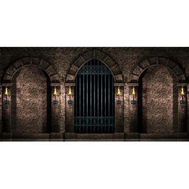 Imagem de BELECO 6 x 3 m Tecido Gótico Castelo Fotografia Pano de Fundo Antigo Pedra Arcos de Parede Portões de Ferro Tochas Corredor Prisão Fundo Noite Dia das Bruxas Castelo Medieval Decorações de Festa de Aniversário Adereços Fotográficos