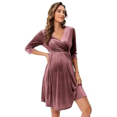 Imagem de FUNJULY Vestido feminino de veludo retrô com decote em V sexy, vestido de festa, vestido de noite, convidada de casamento, rosa, M
