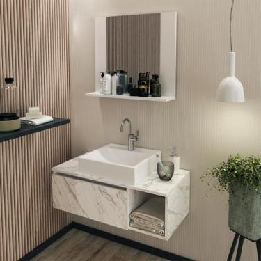 Imagem de Kit Lavabo Suspenso com Cuba e Espelho Branco Mármore Branco Tecno Mobili