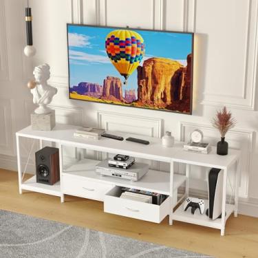 Imagem de GYIIYUO Suporte de TV com gavetas de tecido para TV de 140 cm, mesa de console de TV industrial e centro de entretenimento com prateleiras de armazenamento abertas para sala de estar, quarto, 140 cm,