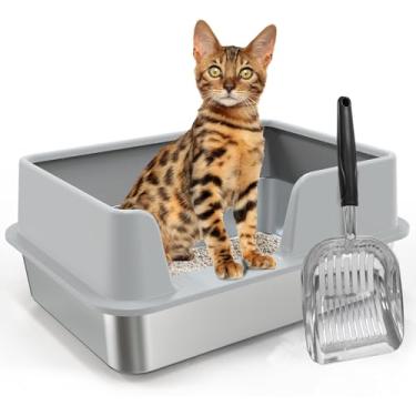 Imagem de MAXTBEE Caixa de areia fechada para gatos – Caixa de areia de aço inoxidável com caixa de areia Scoop Kitty com laterais de parede alta caixa de areia antiaderente antivazamento de urina bandeja de