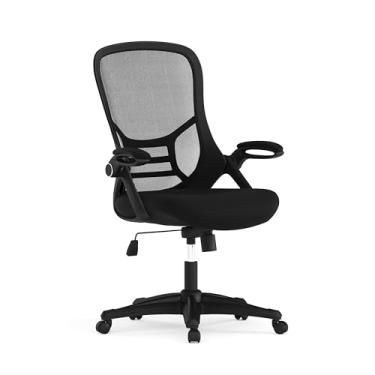 Imagem de Flash Furniture Cadeira de escritório giratória ergonômica de malha preta com encosto alto com moldura preta e braços articulados