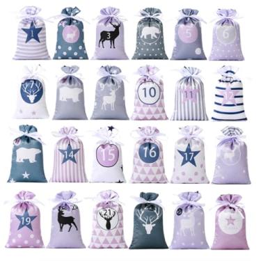Imagem de HIPIHOM Sacos de Calendário Do Advento de Natal, Sacos de Estopa com Contagem Regressiva de 24 Dias, Calendário Do Advento Pendurado, Lembrancinhas para Decorações de Natal (Roxo)