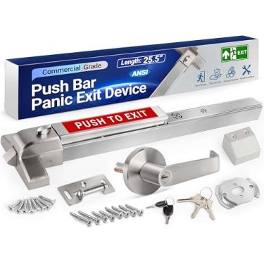 Imagem de Barra de pânico para porta comercial, dispositivo de alarme de saída de 66 cm com maçaneta de porta externa, barras de pânico de aço inoxidável 304 espessas com 3 chaves para porta de saída de