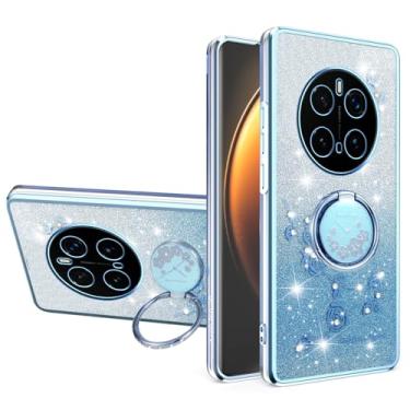 Imagem de MRRSIWEI Capa para Honor Magic7 Pro para mulheres e meninas, capa luxuosa com glitter brilhante flores à prova de choque com suporte de anel para Honor Magic 7 Pro. Flores azuis