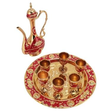 Imagem de Conjunto de Bule de café Turco Vintage, Conjunto de Bule de chá Turco Com Brilho Brilhante, Copos de Liga de Zinco, Bandeja para Casamento (Ouro Vermelho)