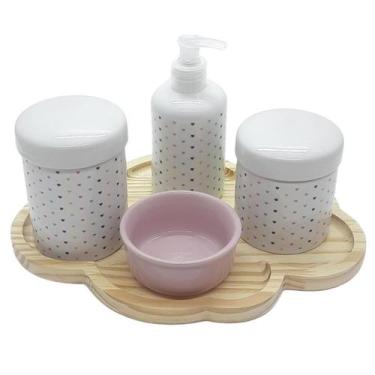 Imagem de Kit higiene 5 peças Poá Colorido - Molh. Rosa -Bandeja Nuvem - Antilop