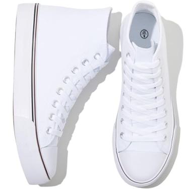 Imagem de kufeiti Tênis feminino de lona de cano alto com cadarço branco preto tênis casual caminhada, Branco simples (sem zíper lateral), 40