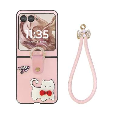 Imagem de Capa para Motorola Razr 2024 com cordão design de gato fofo Razr 2024 capa protetora de couro PU à prova de choque para Motorola Moto Razr 2024/Moto Razr 50