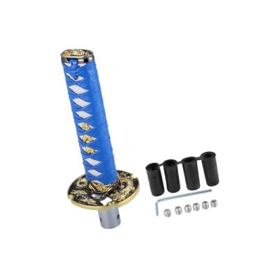 Imagem de REPAIROCK Alavanca de câmbio estilo espada samurai de 15 cm, botão de câmbio Katana, padrão trançado clássico para manual automático em MT Shifter, azul, branco, peças de reposição para automóveis