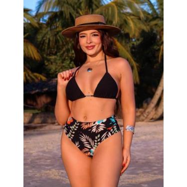 Imagem de Biquini Cortininha Com Calcinha Fio Duplo Hot Paint cós Alto, Preto/Pr