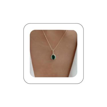 Imagem de Sttiafay Brincos vintage com pingente de cristal esmeralda gota de gota verde ouro zircônia esmeralda colar gota d'água joia para mulheres