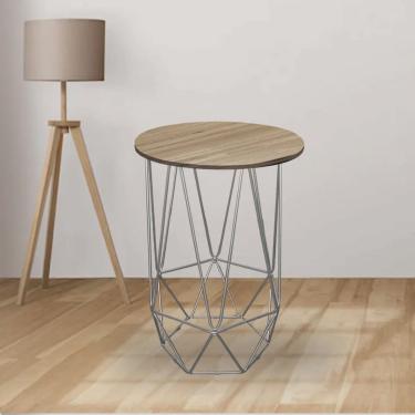Imagem de Mesa Lateral de Canto Industrial Lizie Aramado Ferro Cinza Tampo mdf Redondo Castanho - Ahazzo Móveis