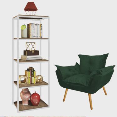 Imagem de Kit Poltrona Fatte com Estante Livreiro Ferro Branco mdf Castanho Suede Verde Musgo - Ahazzo Móveis