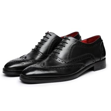 Imagem de Sapato social masculino Lethato Wingtip Brogue Oxford feito à mão de couro legítimo com cadarço, Preto, 9.5-10