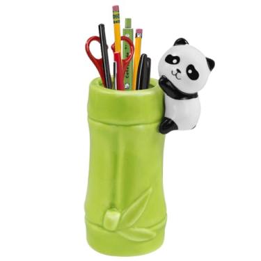 Imagem de Panda com suporte de lápis de bambu, suporte de escova de dentes de cerâmica panda fofo, suporte de pincéis de maquiagem, porta-canetas, copo de lápis, organizador de mesa para casa, escritório,