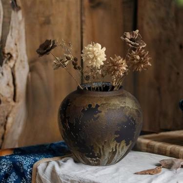 Imagem de GDSZJLJ Vaso grande de cerâmica rústica, 19 cm de altura, terracota, para sala de estar, vaso vintage de cerâmica para decoração de casa, decoração de prateleira, decoração de mesa, entrada