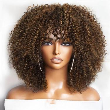 Imagem de Perucas afro curtas com franja feminina cabelos humanos afro kinky peruca encaracolada Destaque Wig, destaque, destaque, 12 polegadas#250%