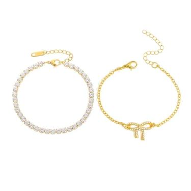 Imagem de Tornozeleiras femininas de ouro banhado a ouro 14 k com laço banhado a ouro 14 quilates, corrente de tênis de zircônia cúbica, fofo, conjunto de tornozeleira com nó de strass, joia moderna para pés de
