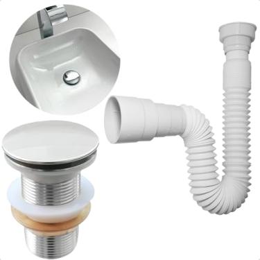 Imagem de Dona D Cor, Kit Sifão Flexível Sanfonado De Plástico E Válvula Click 1 1/4 Ralo Pia Banheiro Inox Cuba Lavatório