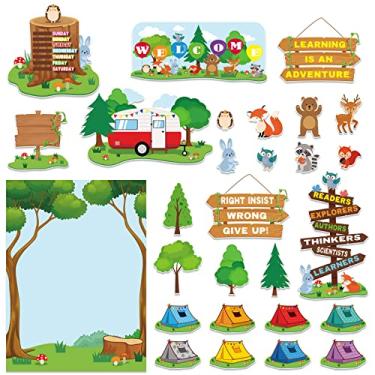 Imagem de 68 peças Conjunto de quadro de avisos da floresta Decoração para sala de aula Barracas de animais recortadas, camping, quadro de avisos, decoração de placa de boas-vindas para materiais para professores escolares