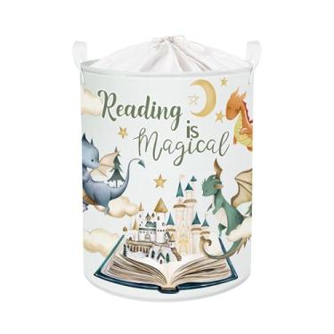 Imagem de HUUMONSS Dinossauro cesto de roupa suja dobrável para crianças cesta de armazenamento grande meninos meninas caixa de brinquedo para quarto de bebê, livros mágicos, 63L