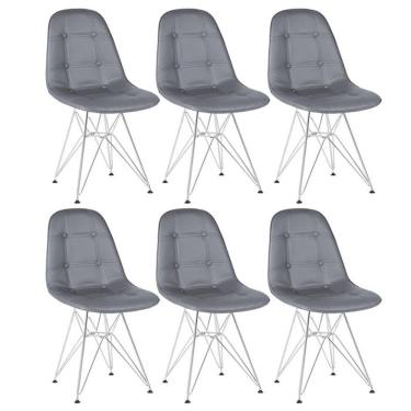 Imagem de Kit 6 Cadeiras Estofadas Charles Eames Eiffel Botonê Com Pés De Metal Cromado Cinza Escuro
