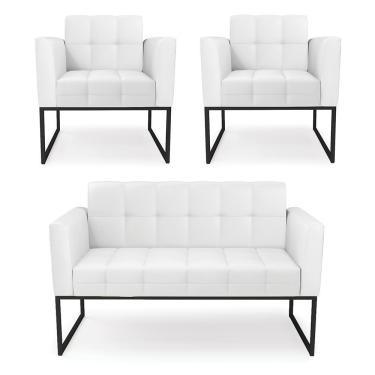 Imagem de Kit 1 Sofá Namoradeira E 2 Poltronas Elisa Corino Base Metálica Industrial Preto - D'rossi Cor Branco