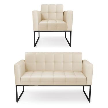 Imagem de Kit 1 Sofá Namoradeira E 1 Poltrona Elisa Corino Base Metálica Industrial Preto - D'rossi Cor Bege