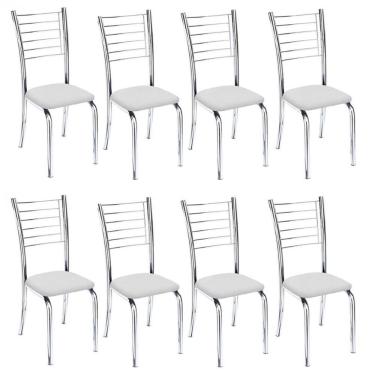 Imagem de Kit 8 Cadeiras De Jantar Lara Cromada Para Cozinha Assento Corino Branco - Aurora Line