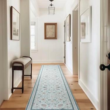 Imagem de EVERGRACE Tapetes Para Corredor 2X10, De Lã Sintética Com Estampa Floral Boho Áreas Internas E Externas, Laváveis Quarto, Sala Jantar, Cozinha, Tapete Pelo Baixo, Decoração Casa, Azul Claro