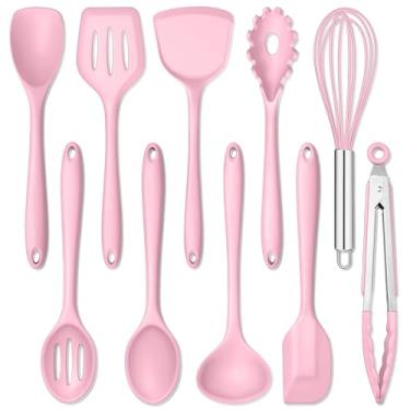 Imagem de E-far Conjunto de utensílios de cozinha de silicone rosa, conjunto de 10 utensílios de cozinha antiaderentes, utensílios de cozinha de silicone com espátula, espátula, espátula, espátula, espátula