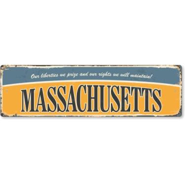 Imagem de SmartSign 4 x 14 polegadas Massachusetts State Placa de metal vintage "Liberties We Prize", alumínio à prova de ferrugem de 40 mil com sobretudo transparente, decoração de parede retrô, multicolorido