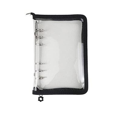 Imagem de Pasta de fichário A6 recarregável, 6 anéis, pasta transparente e macia com zíper de PVC para fichário de papel de 6 furos, organizador de arquivos pessoais (fecho de zíper preto)