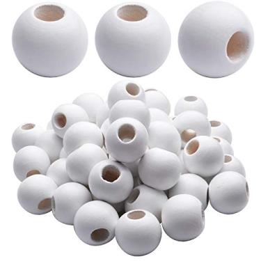 Imagem de Contas espaçadoras de madeira, 50 peças, orifício grande, contas de madeira de 10 mm, 25 mm, esfera redonda natural, espaçador de madeira, branco para decorações artesanais, fabricação de joias