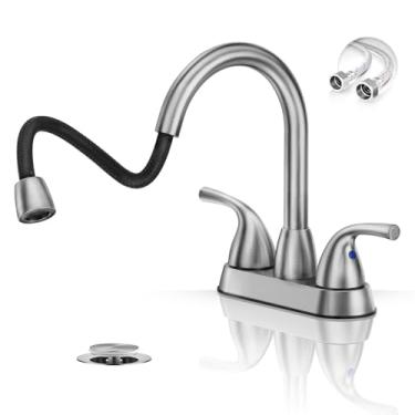 Imagem de Phiestina Torneira de banheiro de níquel escovado pulverizador, conjunto central de 3 furos de 10 cm, torneira de pia de banheiro de aço inoxidável, com bico giratório 360, dreno pop-up de metal