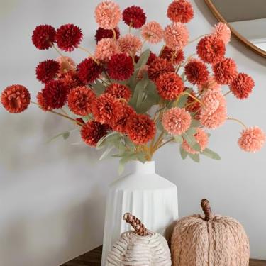 Imagem de Hananona 12 peças de flores artificiais de crisântemo, laranja Kiku Pom Pom para mães, flores artificiais de outono para outono, dia das bruxas, mesa de cozinha, decoração de casa (12, vinho, laranja