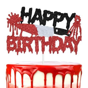 Imagem de Happy Birthday Cake Topper, Bloody Killer Bday Decor, Halloween Horror Zombie Vampire Birthday Party Decorations Supplies, Horror Movie Scream Night Photo Props