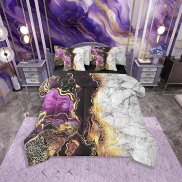 Imagem de Erosebridal Conjunto de edredom King preto roxo com 7 peças, cinza, mármore, abstrato, dourado, metálico, mármore, decoração de quarto
