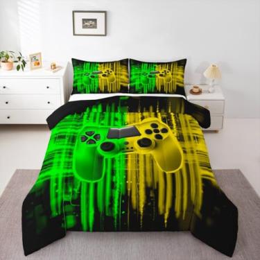 Imagem de Erosebridal Jogo de cama de solteiro para quartos de meninos - Jogo de edredom masculino para crianças, adolescentes, para decoração de quarto de jogos (amarelo verde)