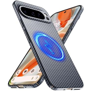 Imagem de GRECAZO Capa magnética para Google Pixel 9 Pro XL, película ultrafina de toque macio com textura de fibra de carbono [compatível com PixelSnap], fina, minimalista, leve, protetora, amortecedora, fosca