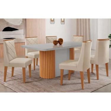 Imagem de Conjunto Sala de Jantar Pilar c/ Tampo Madeirado c/ Vidro Canto Curvo 180x90cm e 6 Cadeiras Pietá Madeira Maciça Naturale/Off White - Capuccino/Suede 