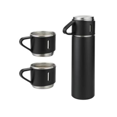 Imagem de Conjunto Garrafa Térmica Inox 500ml com 3 Xícaras Cor Preto Ideal para Viagem e Camping
