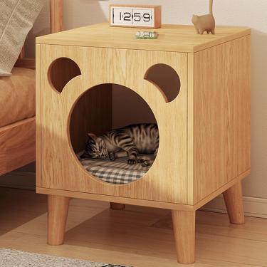 Imagem de Cama de gato de madeira, mesa de cabeceira de madeira, cama de gato quadrada, casinhas de gato para gatos internos, mesa lateral de cama moderna para quarto, com pernas de madeira maciça, fá