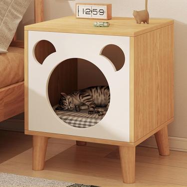 Imagem de Cama de gato de madeira, mesa de cabeceira de madeira, cama de gato quadrada, casas de gato para gatos internos, mesa lateral de cama moderna para quarto, com pernas de madeira maciça, fácil