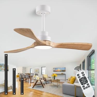 Imagem de dearnow Ventiladores de teto de 107 cm com luzes com controle remoto, ventilador de teto de madeira interno e externo com 3 lâminas de madeira para pátio, sala de estar, sala de jantar, fazenda e