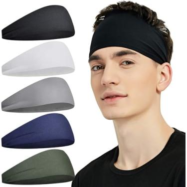 Imagem de Bandanas esportivas masculinas (pacote com 5), faixa de cabelo para treino com absorção de umidade, faixa de transpiração para corrida, ciclismo, futebol, ioga, faixa de cabelo para mulheres e homens