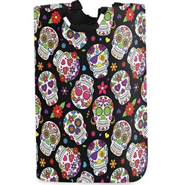 Imagem de visesunny Cesta de roupa suja dobrável, crânio de açúcar, floral, preto, grande, tecido Oxford, organizador de brinquedos com alça para banheiro, quarto de crianças, dormitório