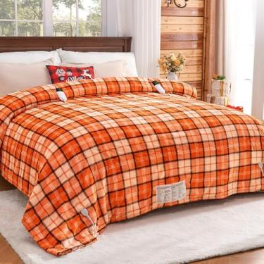 Imagem de Cobertor elétrico aquecido tamanho king, cobertor laranja 90 x 100 com controle duplo e 10 níveis de aquecimento e temporizador para cama, cobertores de aquecimento xadrez grande sherpa presentes para