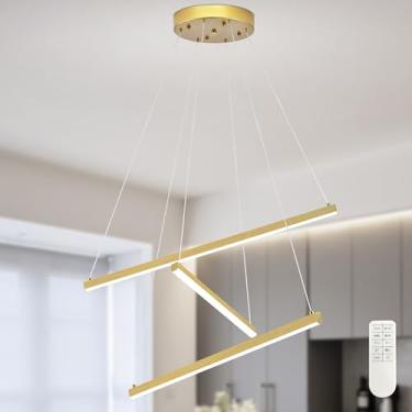 Imagem de Mccokaige Lustre de LED moderno de 3 luzes dourado de 58 cm para cozinha, lustre de LED linear regulável para quarto, luz pendente moderna com controle remoto para sala de estar, cozinha, quarto, hall